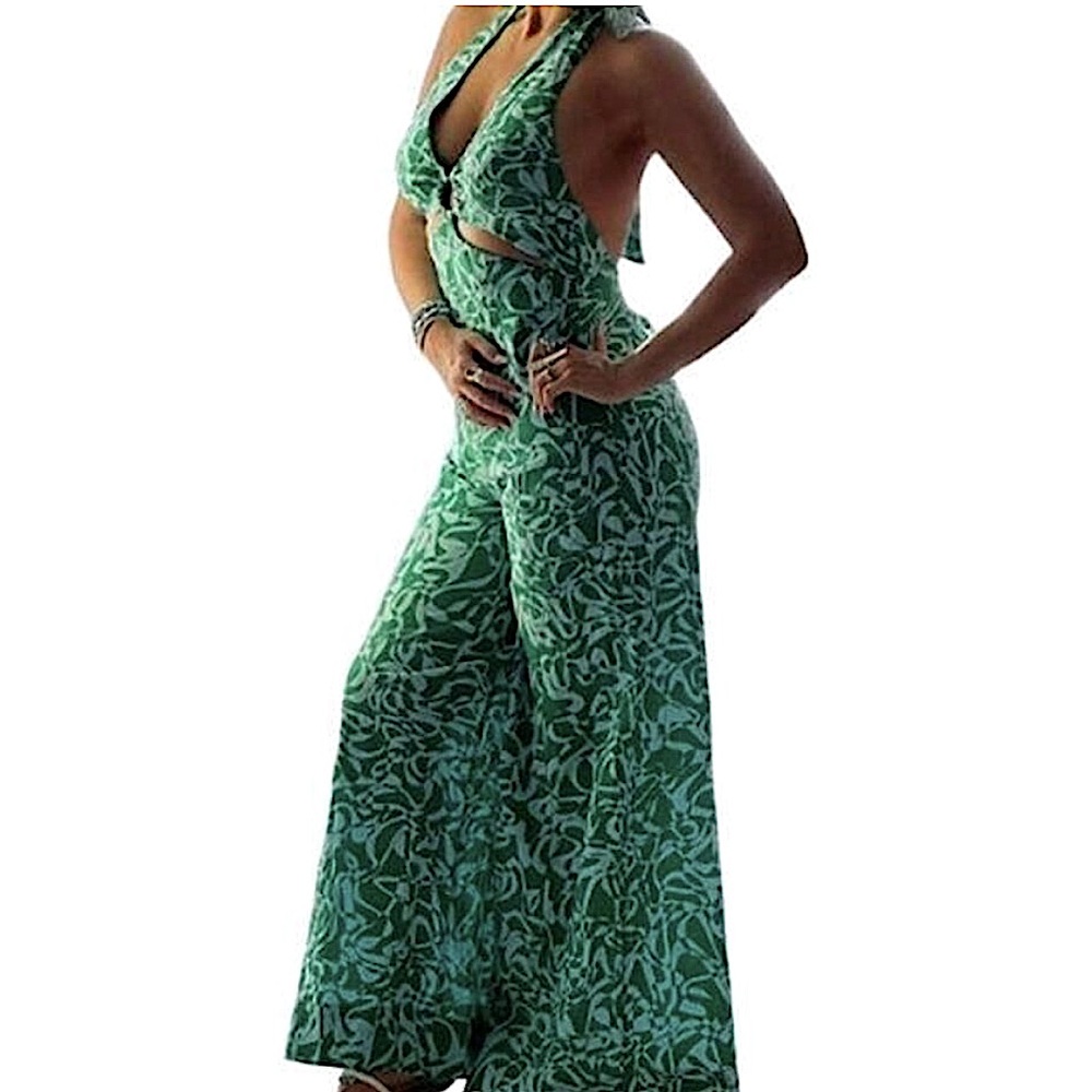 Free People Kira jumpsuit cut out cotton mint halter wide palazzo pants